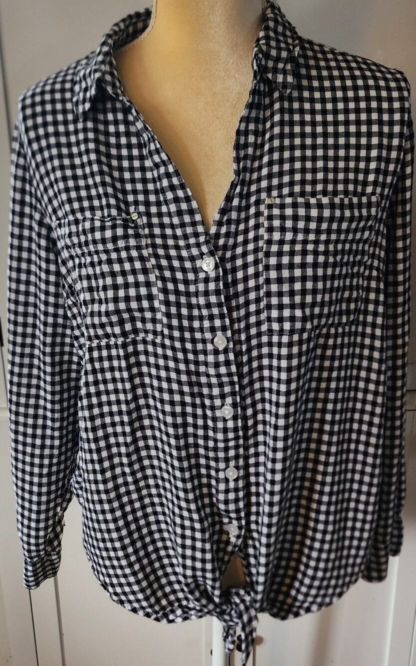 Jones New York Black White Gingham Plaid Button Down Front Tie Shirt XL